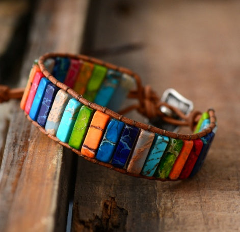 Colored Imperial Stone Hand-Woven Leather Bracelet