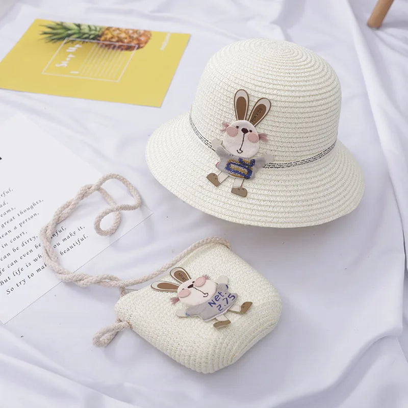 Summer Baby Straw Hat with Handbag & Flower - UV Protection Beach Hat for Kids